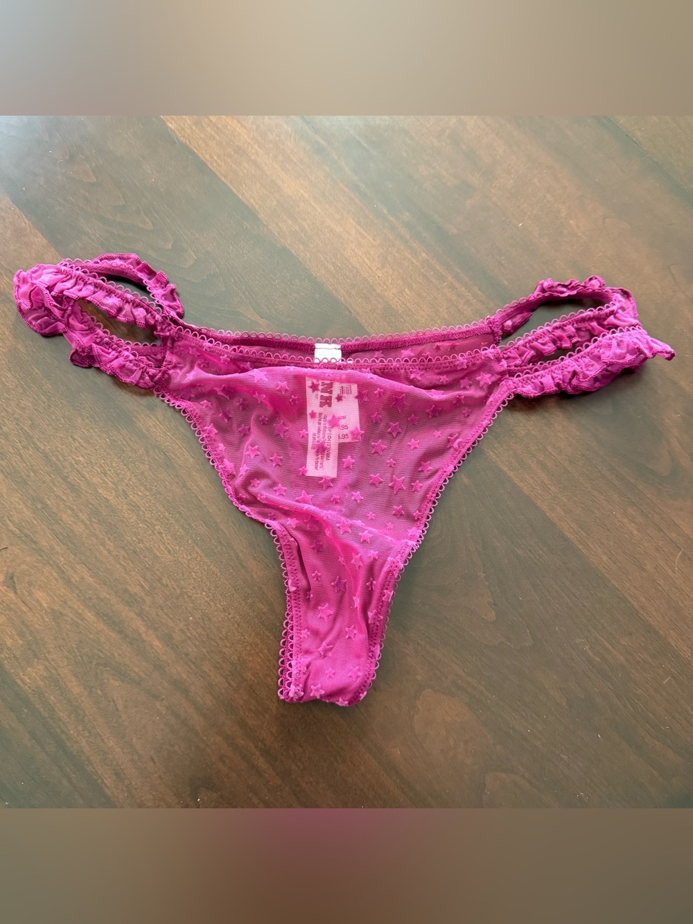 NWT PINK Victoria's Secret Star Thong String Panty Purple Mesh Ruffle small